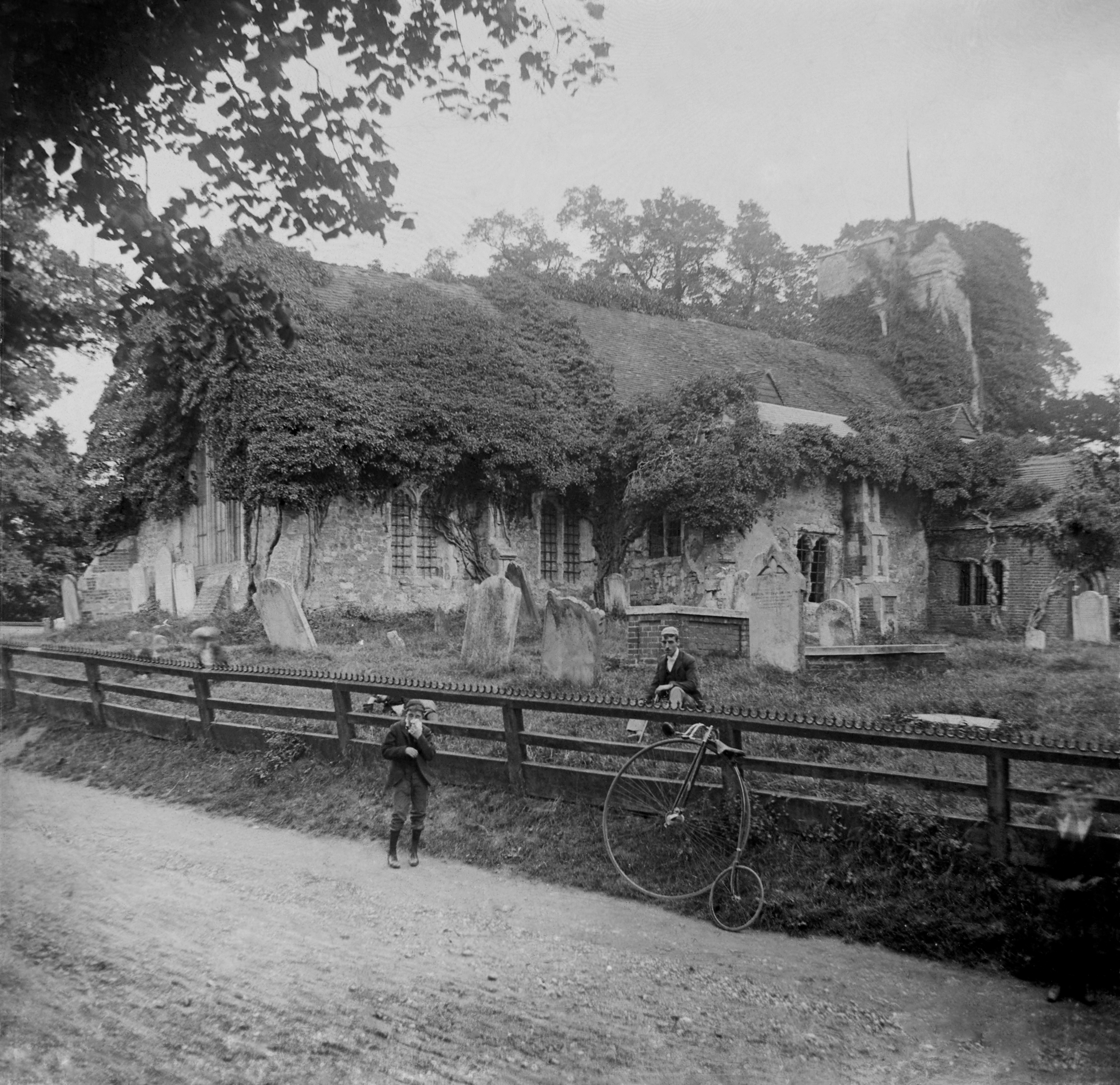 L'Estrange, Robert Augustus Henry (ca. 1898) Abandoned stone church and penny-farthing bicycle.
https://digitalcollections.qut.edu.au/5593/