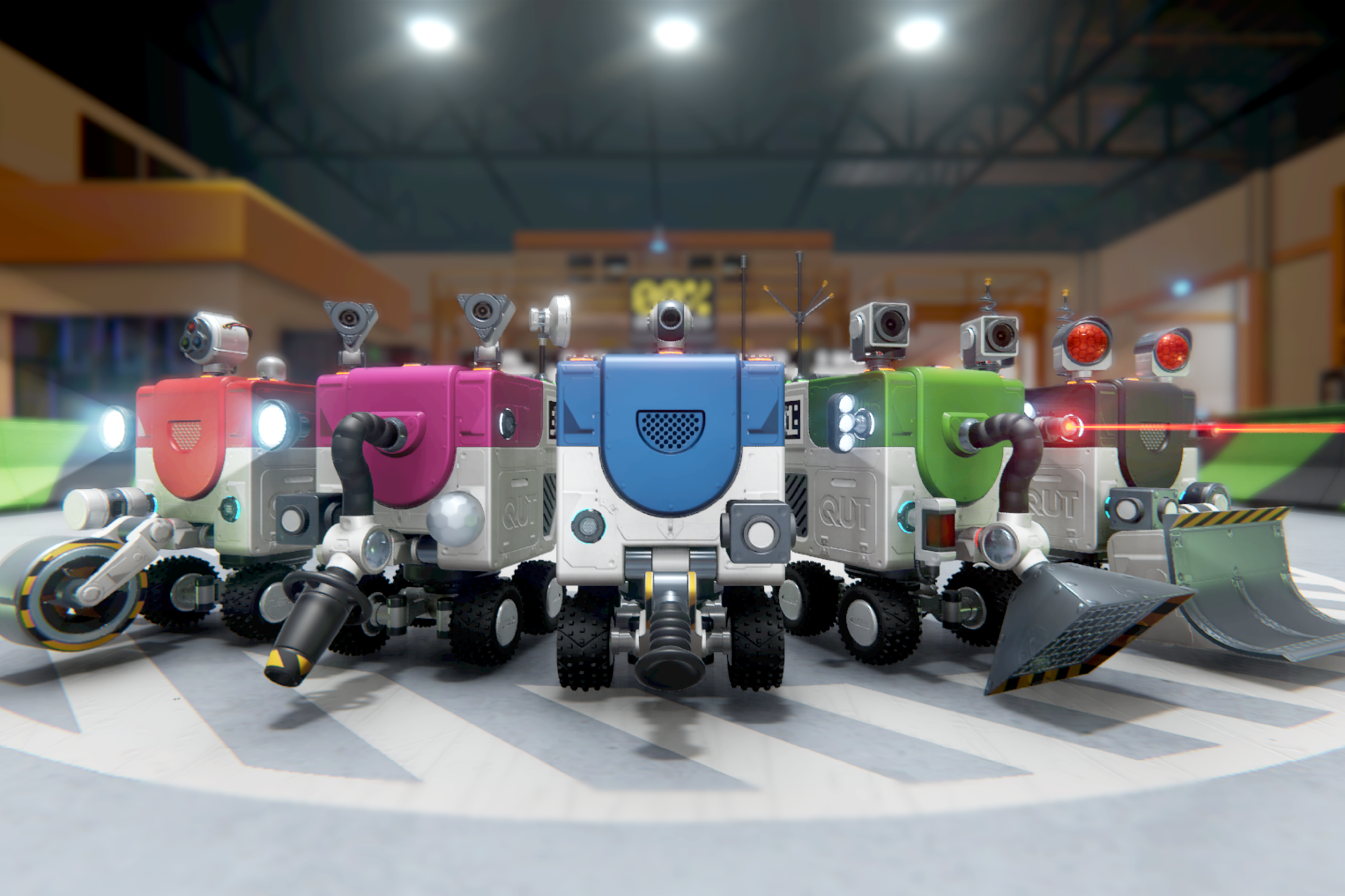 An animated still of five robots sitting in a row.